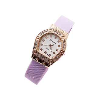 Elegante Tonneau-Quarzuhr für Damen in Roségold mit lila Armband und Diamant-Lünette