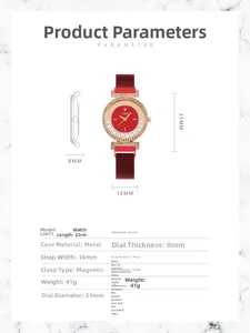 Spécifications détaillées de montre quartz femme avec cadran rouge et bracelet aimant