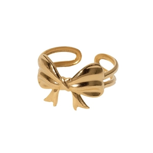 Minimalist gold-plated stainless steel bow ring with elegant double-band open design