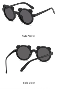 Detail view showing front and back profile of black bear-eared sunglasses for children