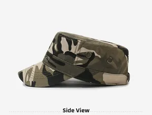 Side view of a jungle camouflage cadet hat with metal eyelets and detailed embroidery