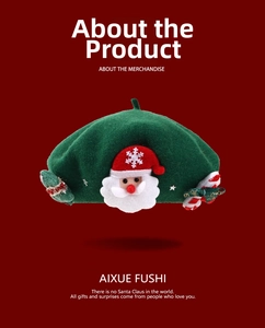 Detail of green Christmas beret with 3D Santa embroidery and festive bow accents