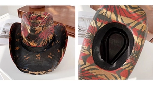 Détails d'un chapeau de cowboy avec motifs imprimés et structure de la doublure intérieure