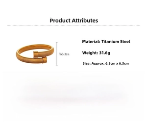 Detail view of gold-tone titanium steel spiral snake bracelet with size and weight specs