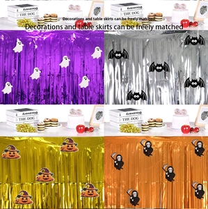 Halloween PET fringe table skirt set with pumpkin ghost bat and reaper metallic foil designs