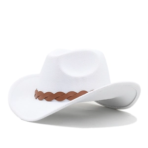 Chapeau de cowboy classique en feutre de laine blanc avec ruban en cuir tressé marron