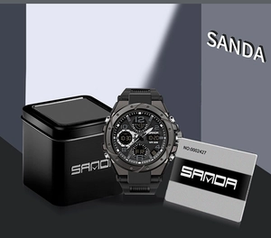 Detail view of SANDA 6008 dual-display sports watch with metal storage box and ID card