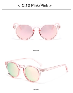 Nahaufnahme der rosa transparenten runden Sonnenbrille in Vorder- und 45-Grad-Ansicht