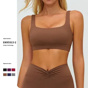 Women's Brushed Yoga Bra Nylon Spandex High Stretch Hollow Out Back Square Neck Fitness Running Workout Sports Bra Top