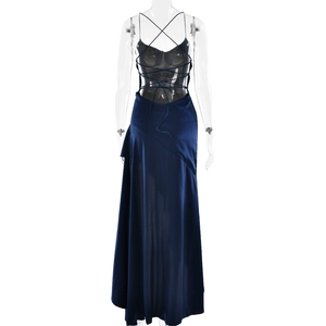 Detailed back view of dark blue satin evening dress featuring crisscross straps and backless style