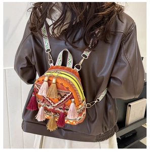 Detailed back view of an ethnic woven backpack with colorful tassels and geometric straps