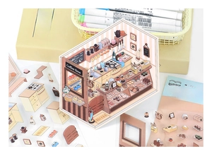 Detailed view of 3-sheet cafe theme 3D stickers with coffee shop and dessert designs