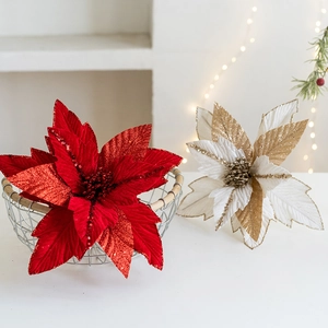 Artificial Christmas Poinsettia Flower Velvet Glitter Sequins Xmas Tree Decor Sparkling Holiday Home Ornament