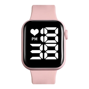 Pink square LED digital watch for kids with silicone strap and heart icon display