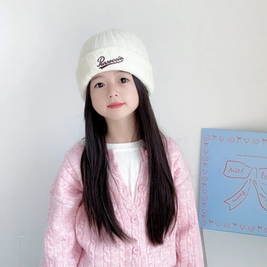 Minimalist white wool blend knit beanie for kids featuring cursive Pensecole embroidery