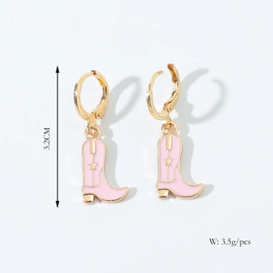 Detailed view of pink western boot earrings showing 3.2cm size and golden alloy finish