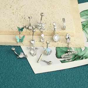 Set of silver stainless steel belly rings featuring zircon hearts, butterflies, and snakes