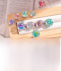 Detail view of colorful rose-cut zircon earrings in titanium steel with size specifications