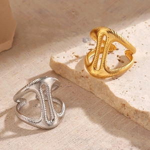 Hollow Geometric Ring Stainless Steel Irregular Spiral Texture Vacuum Plated Adjustable Open Statement Modern For Women