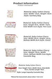 Detailed size specifications for quilted cotton toiletry bags with red cherry print