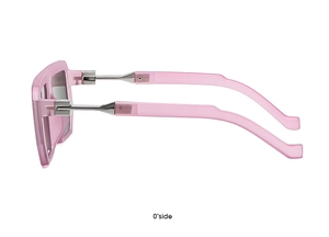 Side view detail of pink square sunglasses with metallic hinge and thick temples