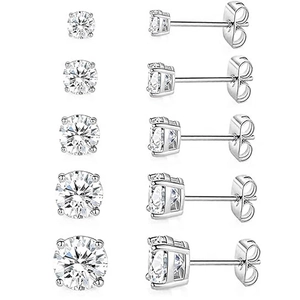 Set of five silver stainless steel round cubic zirconia stud earrings in varying sizes