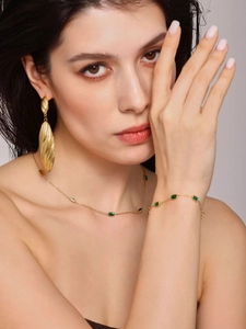 Close-up of 18K gold PVD earrings and emerald stone necklace on model