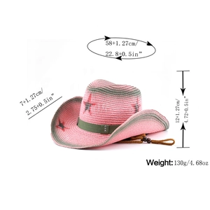 Pink Y2K cowboy straw hat with red star prints and detailed size measurements