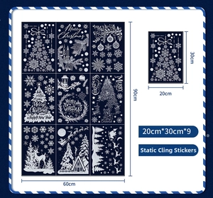 Set of 9 Christmas window static stickers with reindeer and snowflake motifs 20x30cm
