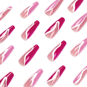 Long ballerina press-on nails with rose red gradient and white abstract lines