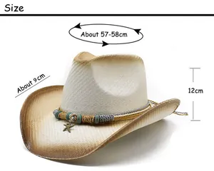 Size chart for wide brim western cowboy straw hat with circumference and height details