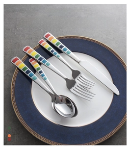 Close-up of rainbow checkered pattern handles on stainless steel cutlery set on a blue plate