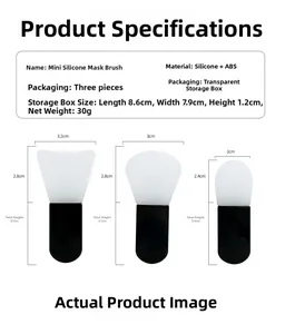 Detailed view of a 3-piece mini silicone face mask brush set with black handles and storage box