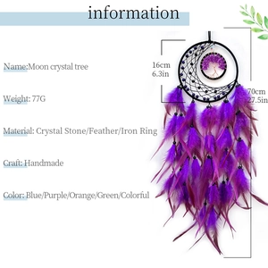 Detailed size chart for handmade moon crystal tree dreamcatcher with purple feathers