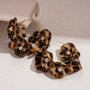 Retro leopard print fabric flower earrings with faux pearls and gold metal finish