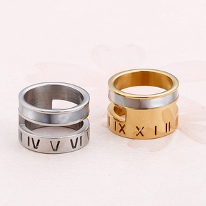 Elegant gold and silver stainless steel rings with Roman numerals and shell inlay