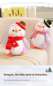 Close-up of tie-dye penguin plushies with Christmas hats and scarves in a cozy home setting