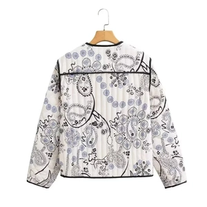 Detail view of the paisley quilted jacket back with blue floral print on white cotton