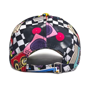 Retro 90s pop art baseball cap with checkerboard and vintage record prints
