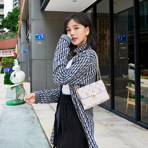 Chic beige mini flap bag with golden horse print and chain strap worn by a model