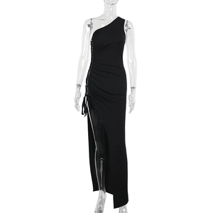 Detail of black one-shoulder dress featuring side drawstring ruching and high slit