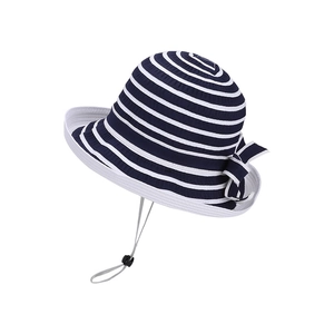 Women's striped sun hat with navy bow and windproof strap for beach outdoor travel