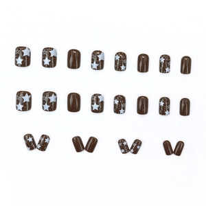Deep brown chocolate mint star press-on nails set with 24 short square pieces