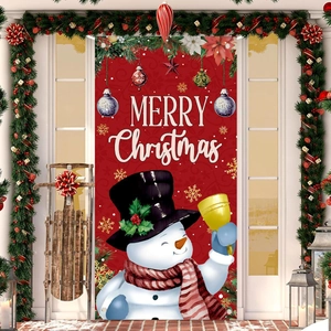 Christmas snowman door banner decoration with Merry Christmas text on festive red background