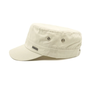 Men's cotton flat top military cap in light beige with metal eyelets and side logo