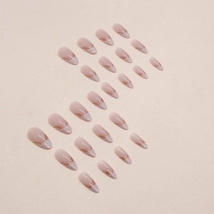 French style almond press-on nails with silver glitter gradient and marble pattern