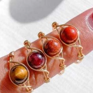 Handmade copper wire wrapped rings set with multi-color natural stone beads for women