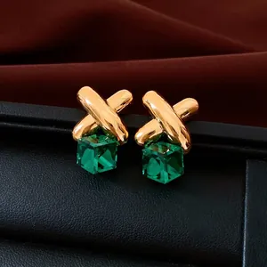 Vintage style crossed metal square green gemstone drop earrings with silver pins