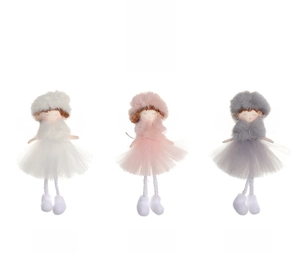 Detailed display of plush angel dolls in white, pink and gray mesh skirt styles