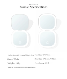 Detail showing the USB-C charging port and 5X magnification of white LED makeup mirror